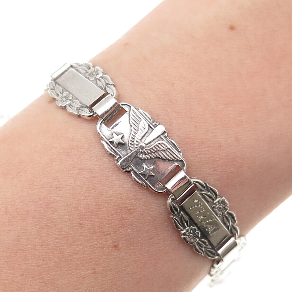 925 Sterling Silver Antique WWII US Air Force Forget Me Not Bracelet 7.5"